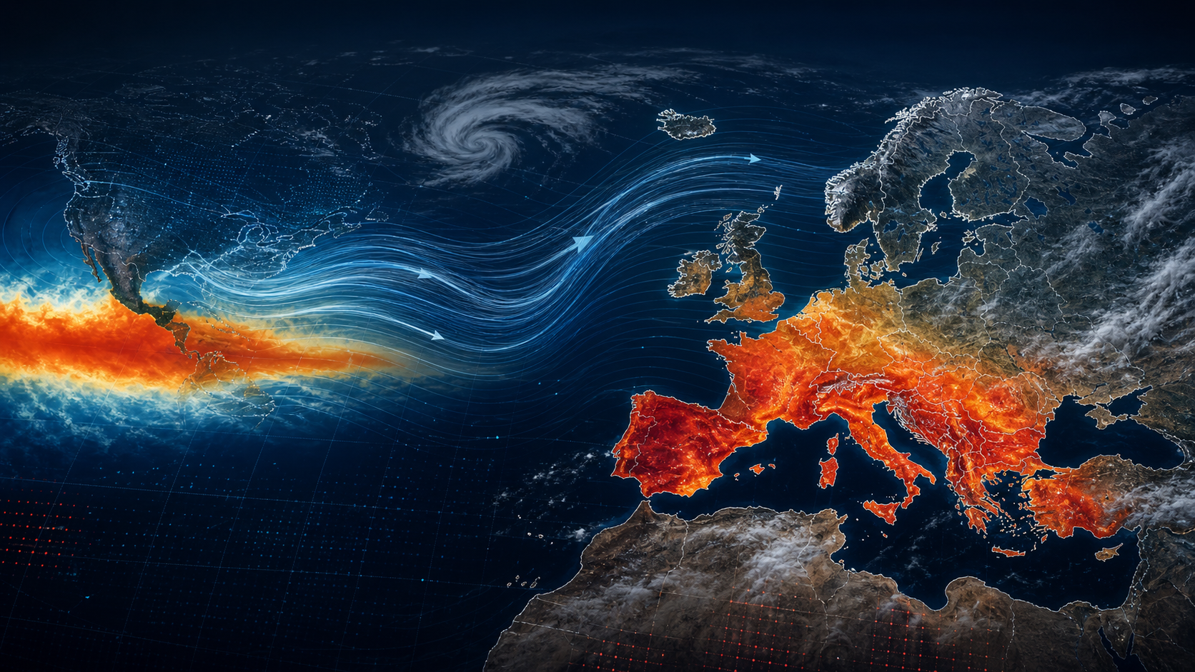Illustrated map showing El Nino heat in the Pacific connected to European heatwave and storm-track risk