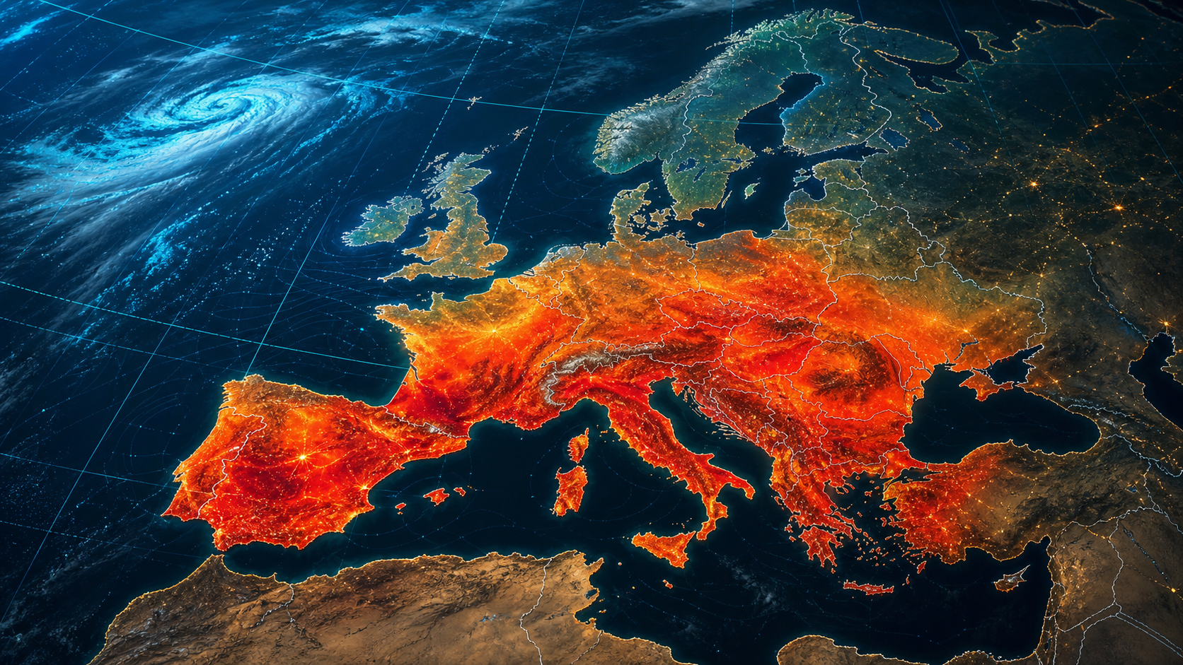 Satellite-style Europe heatwave map showing red heat zones across Spain, France, Italy, Greece and the Balkans